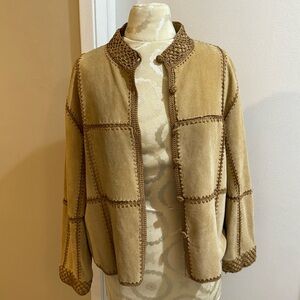 SMH Vintage Suede Panels Camel Shade Crochet Detailing Button Up Jacket L